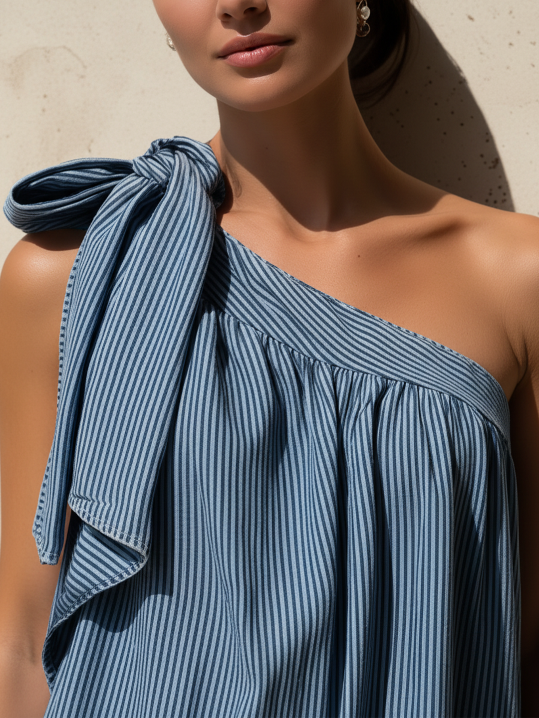 Morgan & Brooke | Blue One-Shoulder Striped Denim Maxi Dress