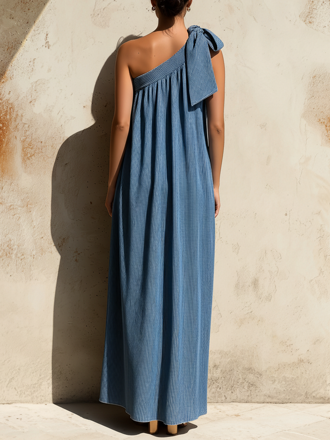 Morgan & Brooke | Blue One-Shoulder Striped Denim Maxi Dress