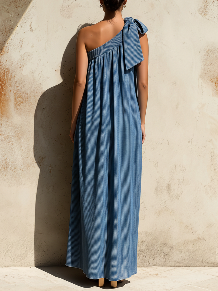 Morgan & Brooke | Blue One-Shoulder Striped Denim Maxi Dress