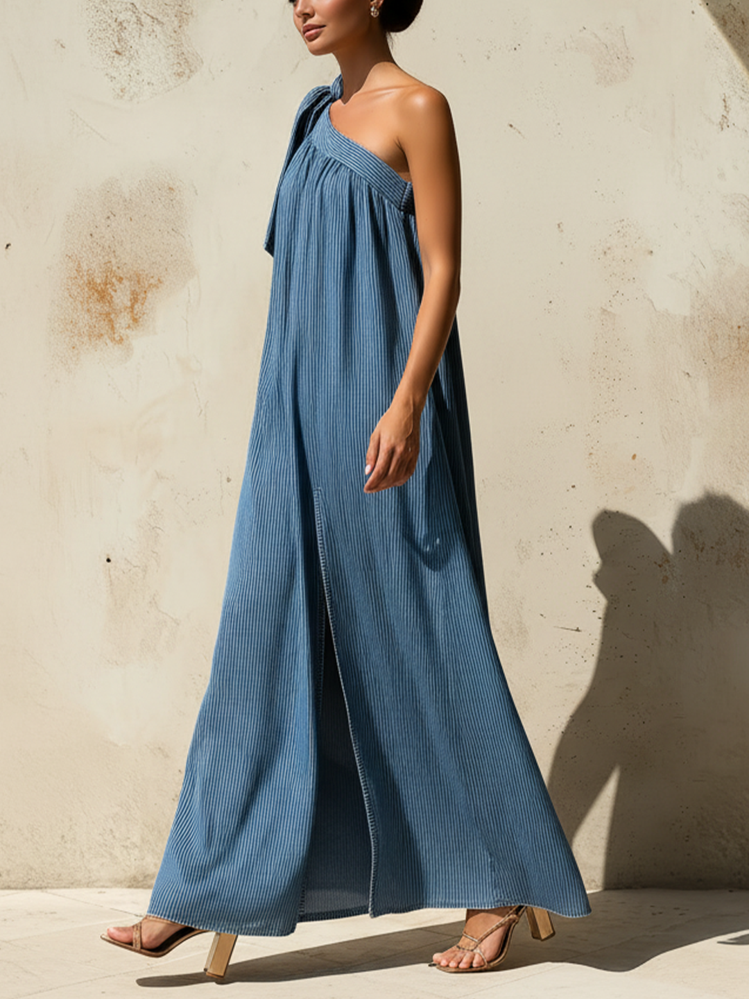 Morgan & Brooke | Blue One-Shoulder Striped Denim Maxi Dress
