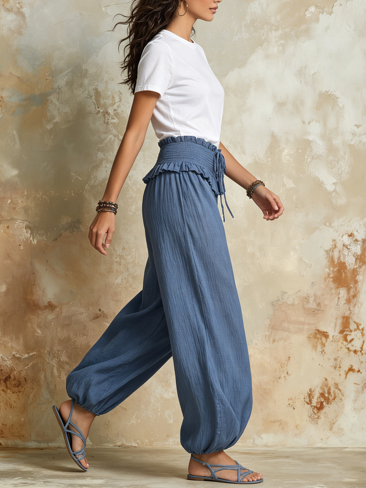 Morgan & Brooke | Dusty Blue Smocked-Waist Harem Linen Pants