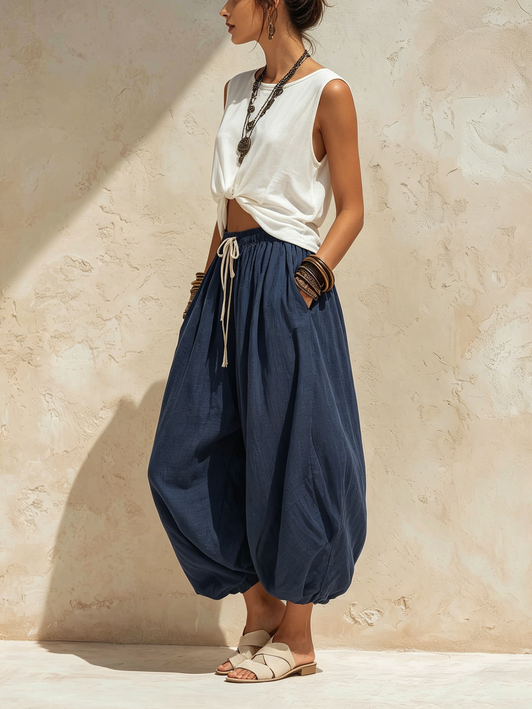 Morgan & Brooke | Navy Blue Drawstring Waist Harem Cut Linen Pants