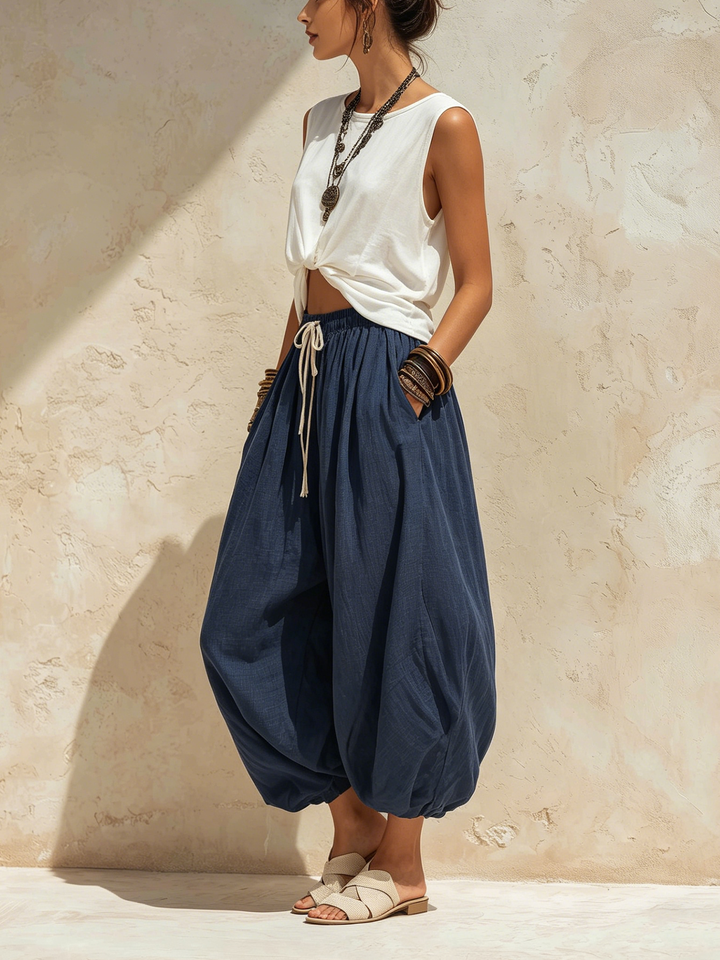 Morgan & Brooke | Navy Blue Drawstring Waist Harem Cut Linen Pants