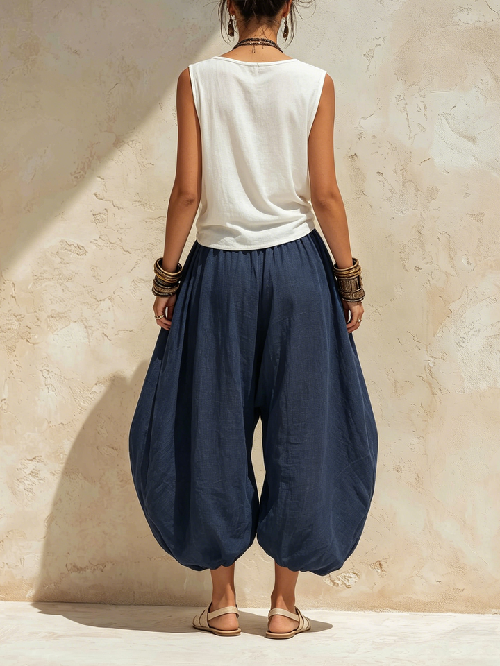 Morgan & Brooke | Navy Blue Drawstring Waist Harem Cut Linen Pants
