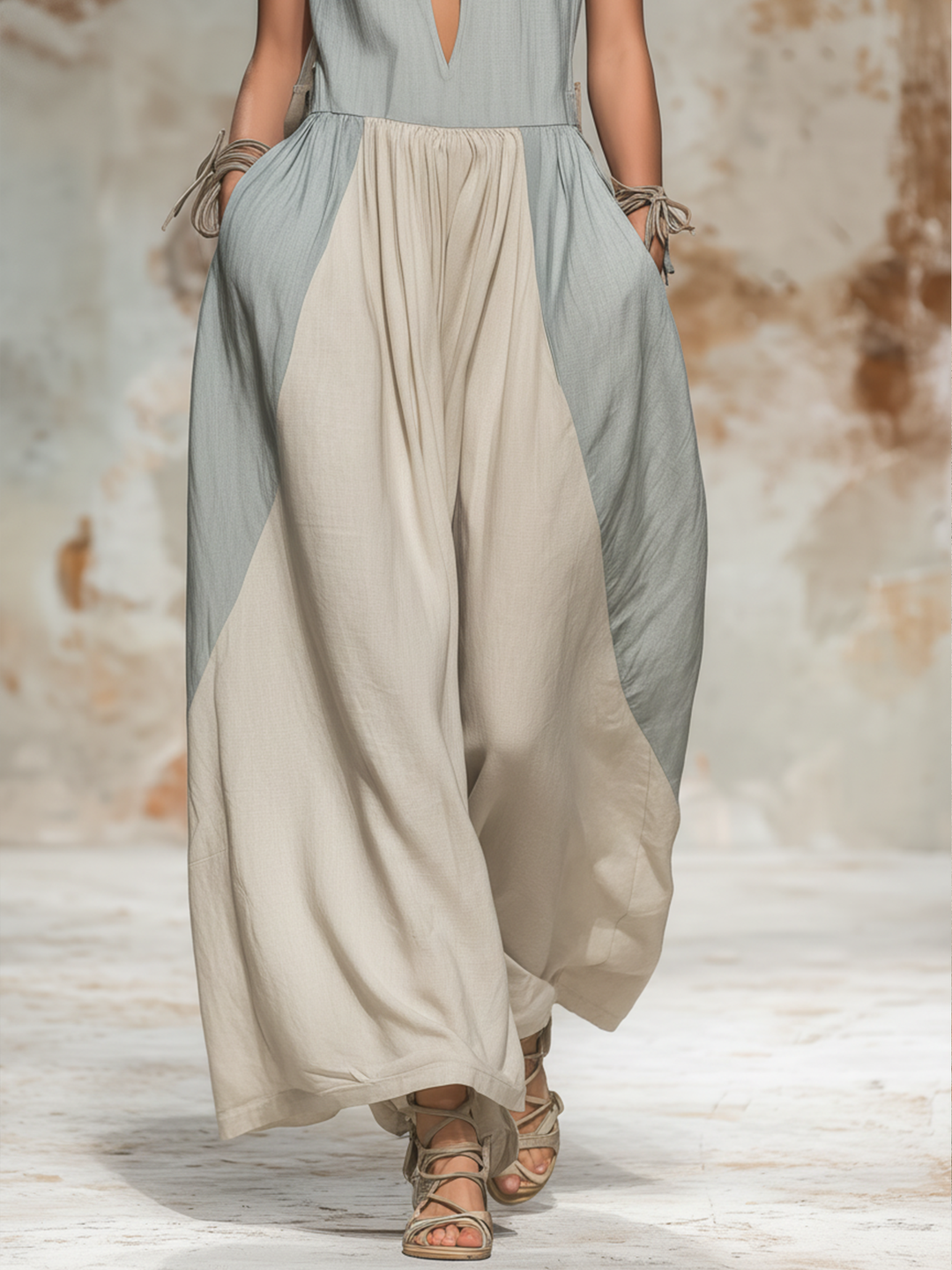 Morgan & Brooke | Two-Tone Halter Cutout Linen Dress