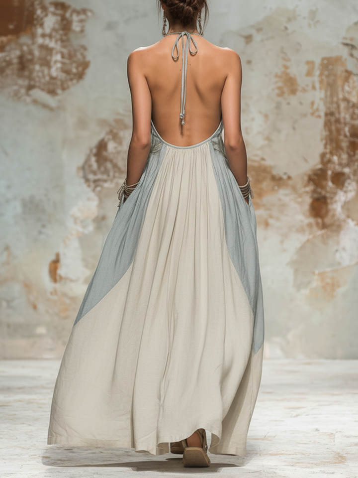 Morgan & Brooke | Two-Tone Halter Cutout Linen Dress