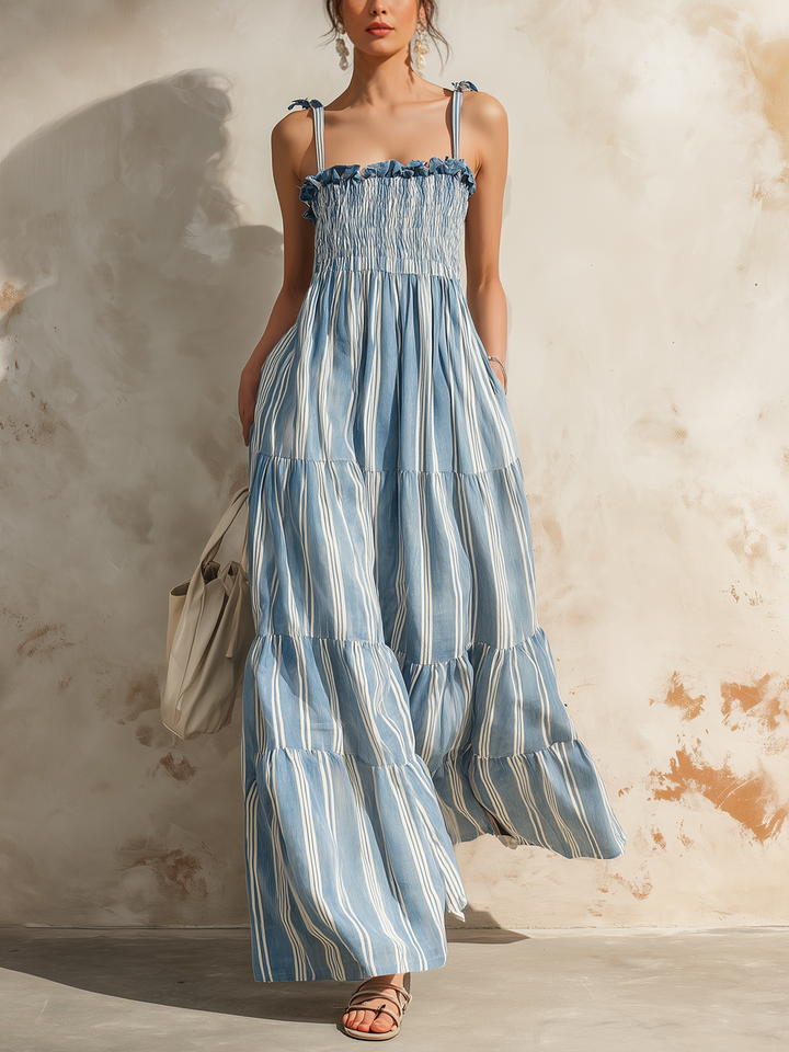 Morgan & Brooke | Blue Smocked Tiered Linen Dress