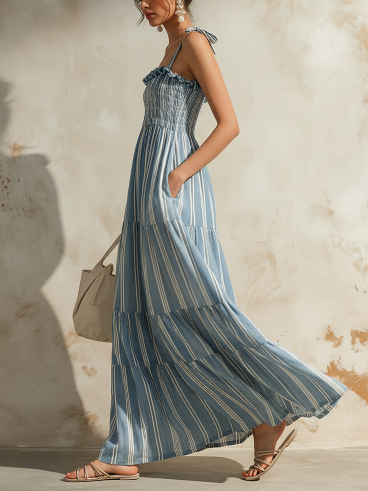 Morgan & Brooke | Blue Smocked Tiered Linen Dress