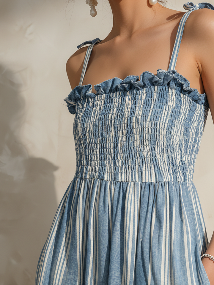 Morgan & Brooke | Blue Smocked Tiered Linen Dress
