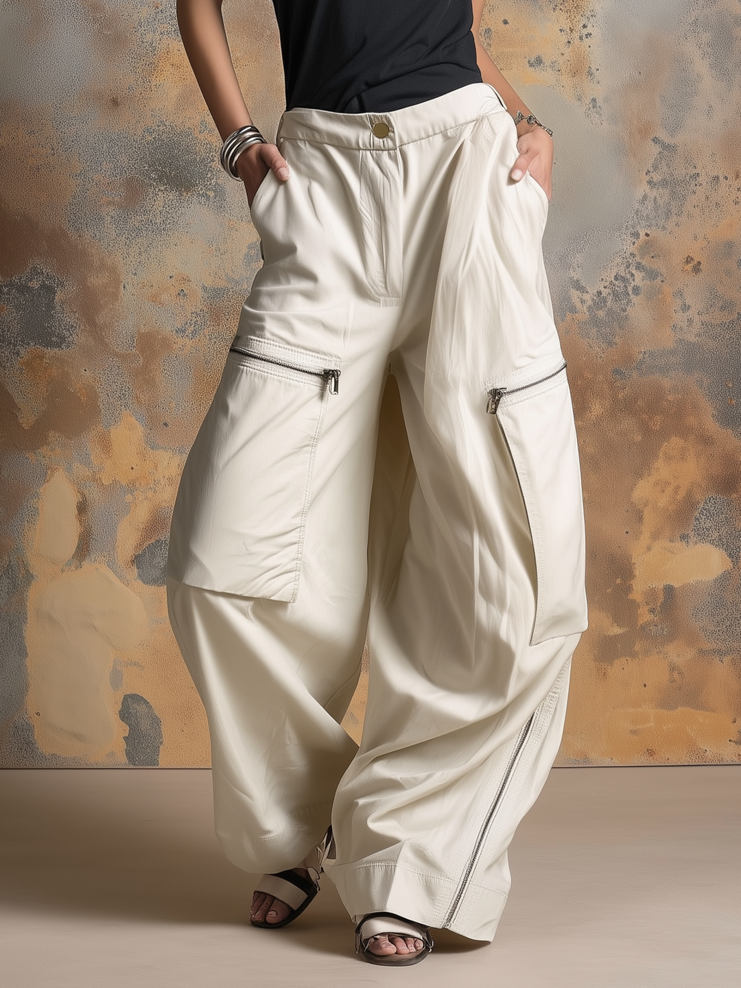 Morgan & Brooke | Olive Oversized Zip-Detail Parachute Cargo Pants