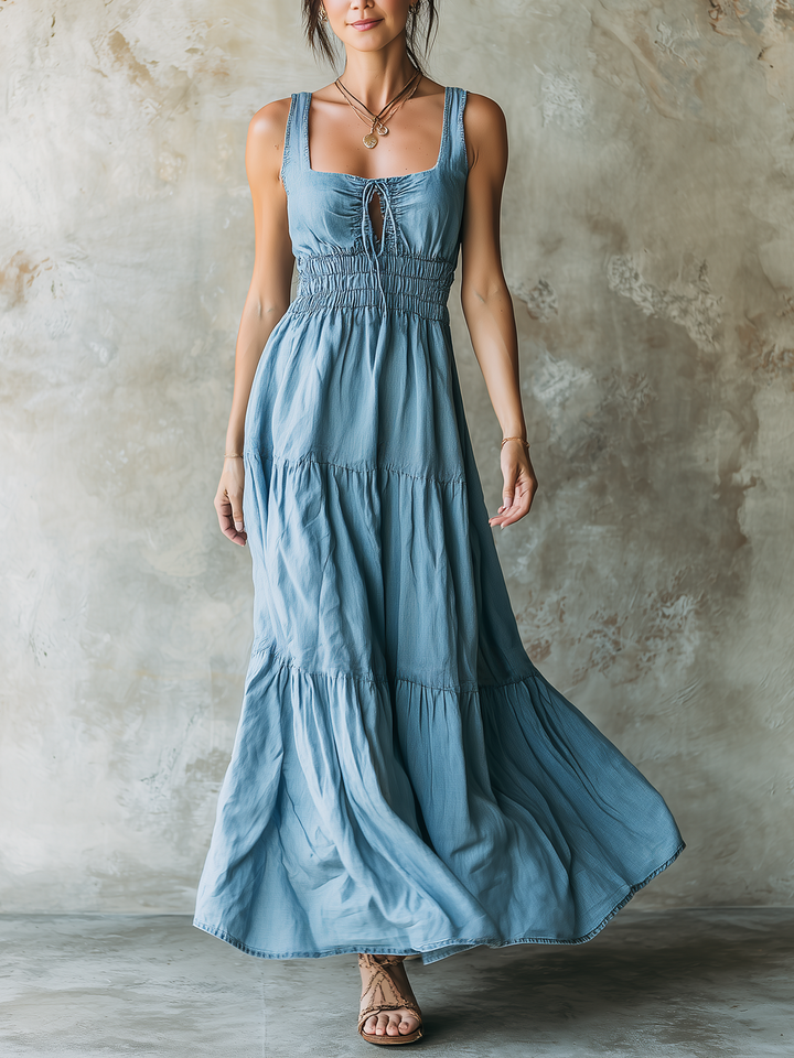 Morgan & Brooke | Light Blue Smocked Bodice Tiered Denim Maxi Dress