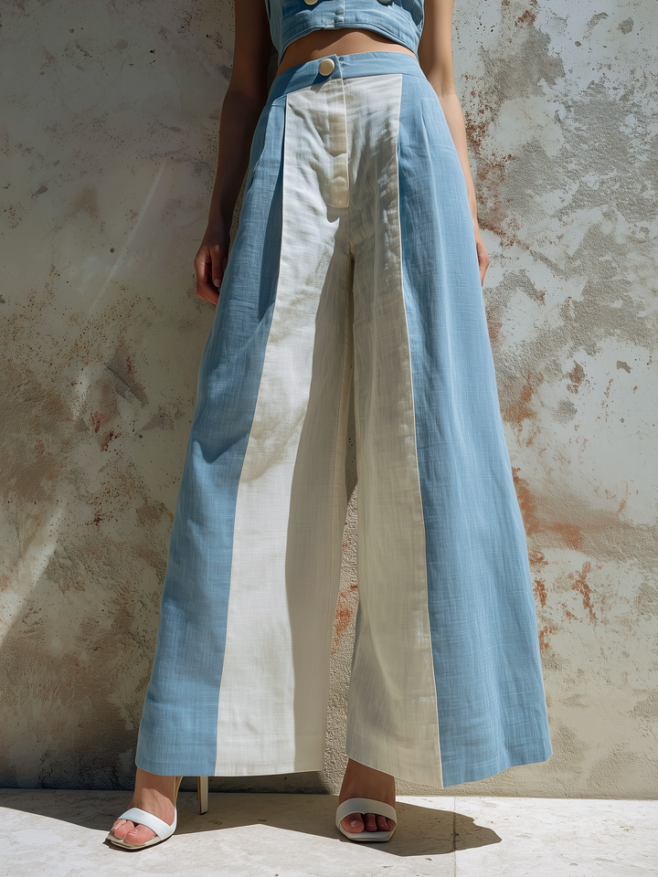 Morgan & Brooke | Blue & White Colorblock Wide-Leg Linen Pants