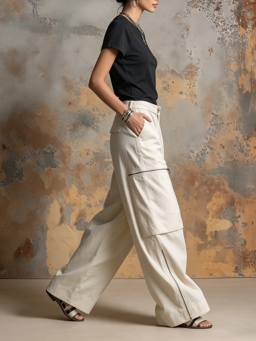 Morgan & Brooke | Olive Oversized Zip-Detail Parachute Cargo Pants