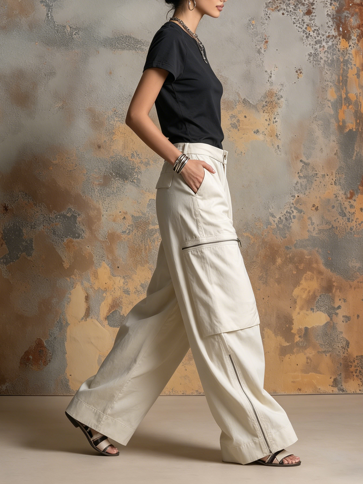 Morgan & Brooke | Olive Oversized Zip-Detail Parachute Cargo Pants