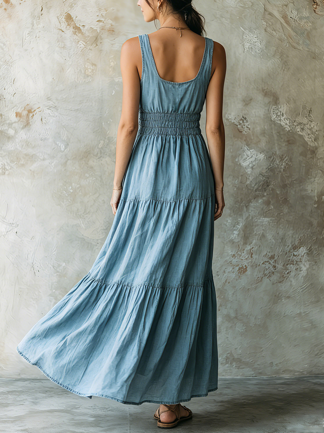 Morgan & Brooke | Light Blue Smocked Bodice Tiered Denim Maxi Dress