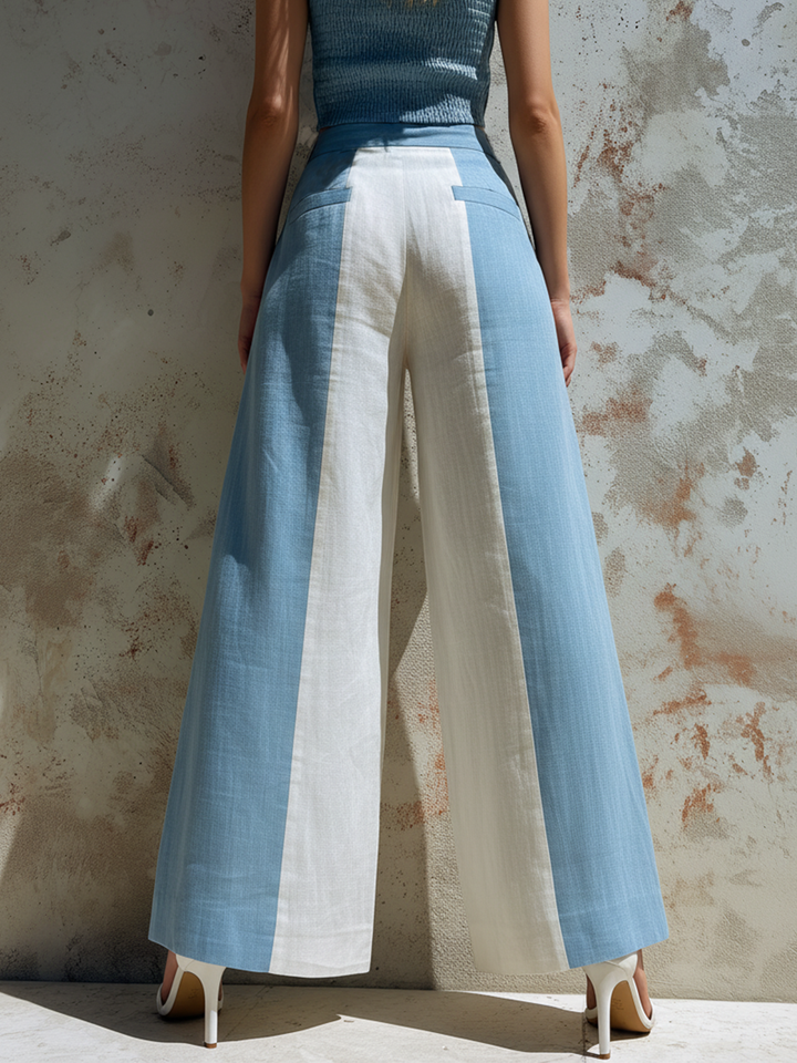 Morgan & Brooke | Blue & White Colorblock Wide-Leg Linen Pants