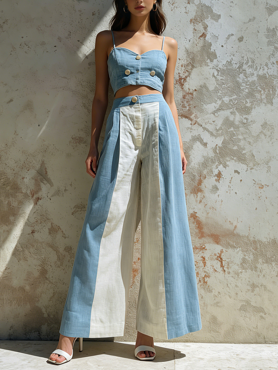 Morgan & Brooke | Blue & White Colorblock Wide-Leg Linen Pants