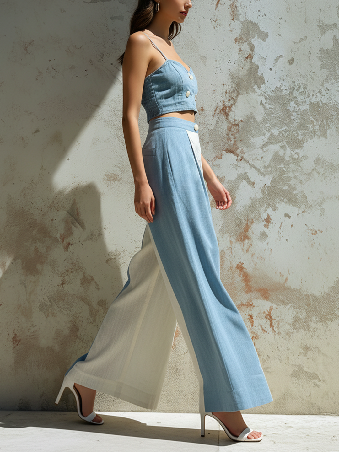Morgan & Brooke | Blue & White Colorblock Wide-Leg Linen Pants