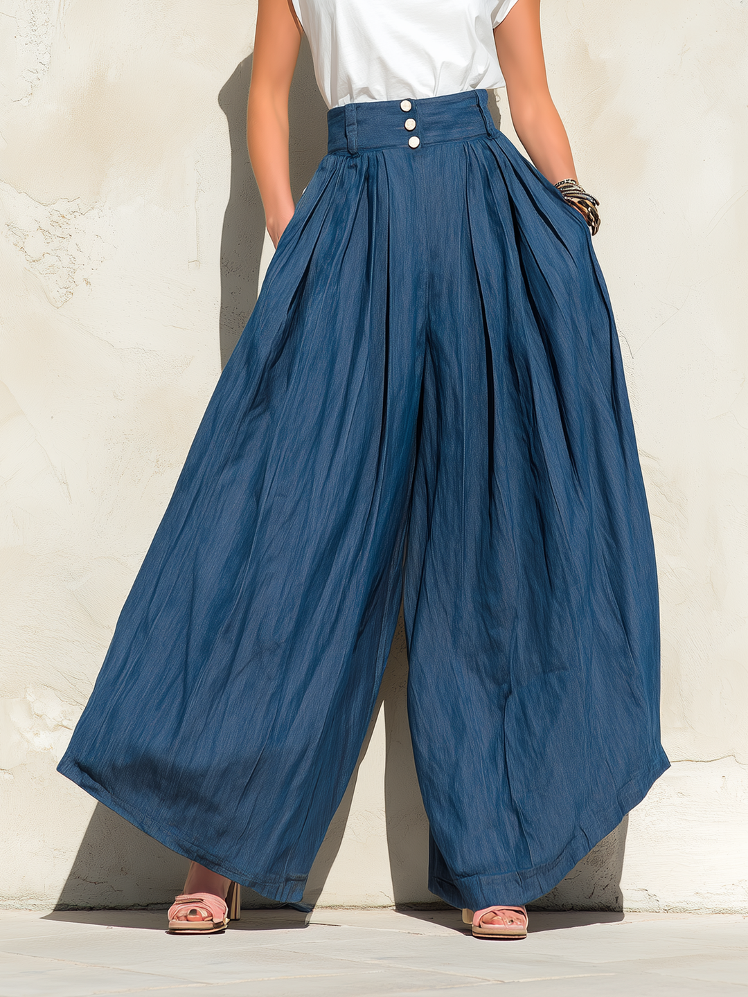 Morgan & Brooke | Washed Indigo High-Waist Wide-Leg Tencel Denim Pants