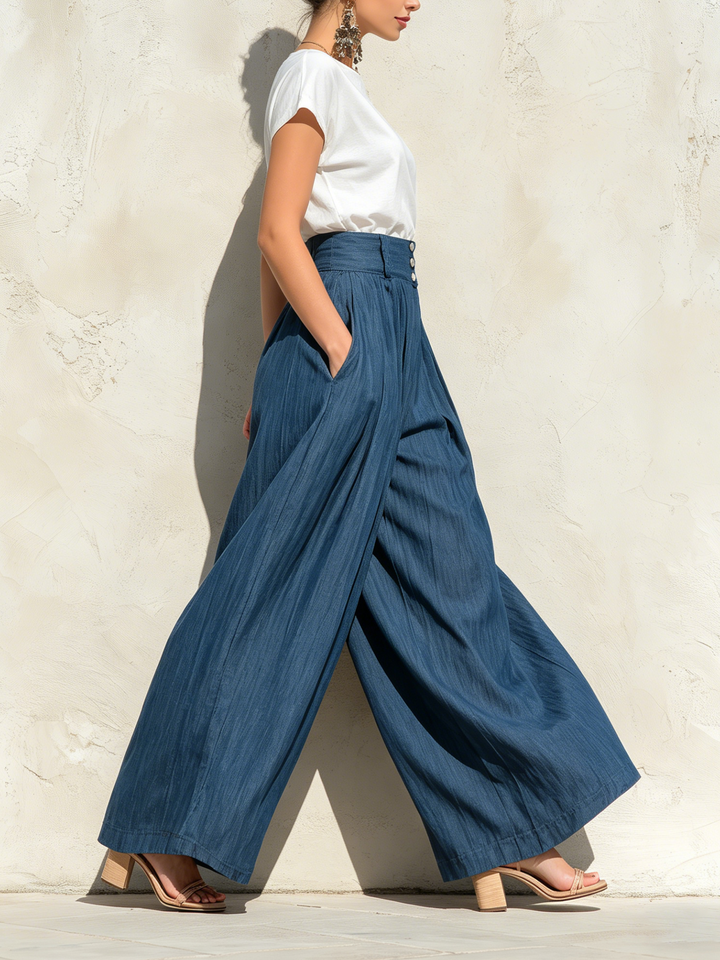 Morgan & Brooke | Washed Indigo High-Waist Wide-Leg Tencel Denim Pants