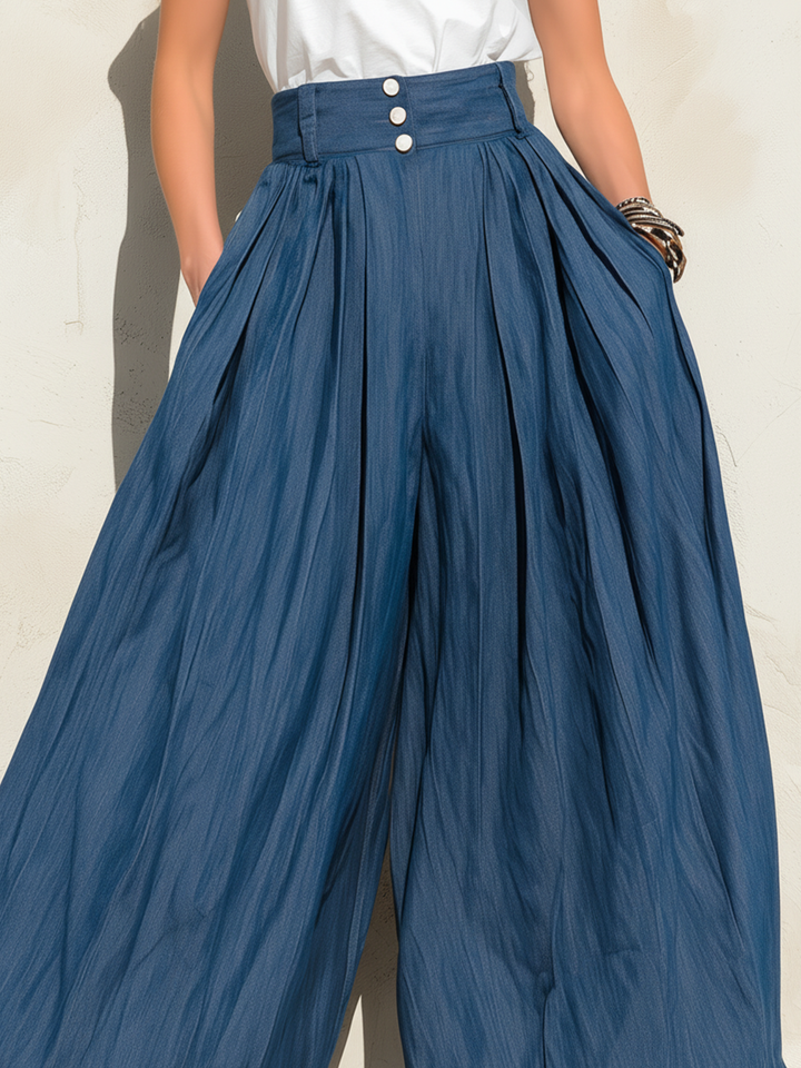 Morgan & Brooke | Washed Indigo High-Waist Wide-Leg Tencel Denim Pants