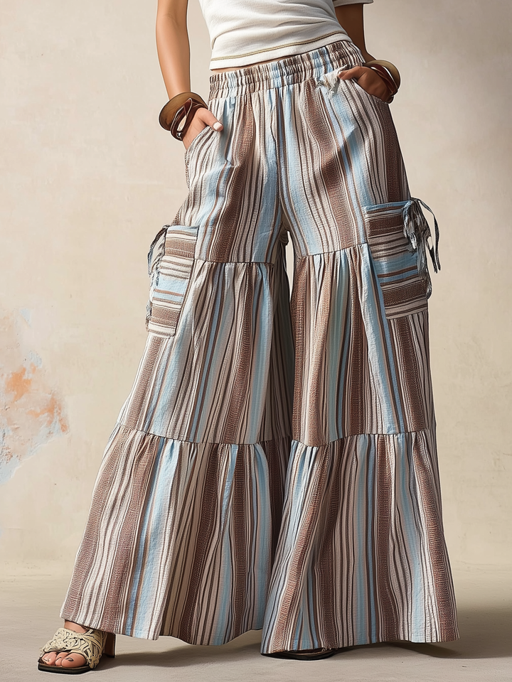 Morgan & Brooke | Striped Tiered Wide-Leg Cotton Pants