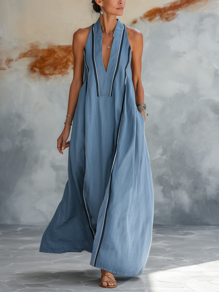 Morgan & Brooke | Light Blue Halter Neck Maxi Tencel Denim Dress