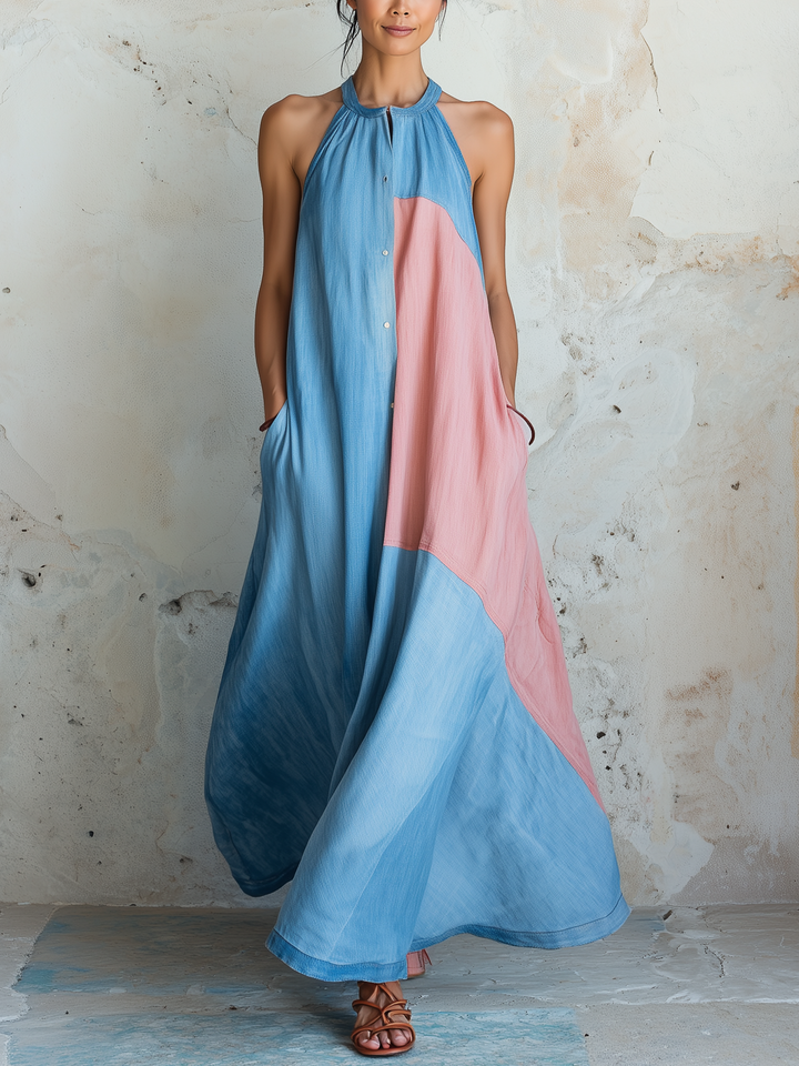 Morgan & Brooke | Light Blue & Pink Colorblock Halter Tencel Denim Dress