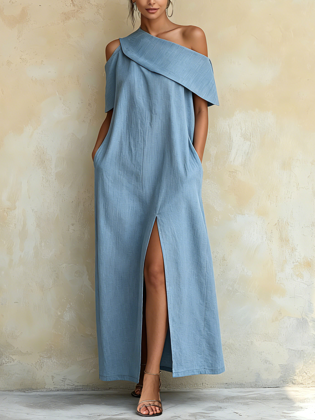 Morgan & Brooke | Light Blue Asymmetrical One-Shoulder Tencel Denim Dress