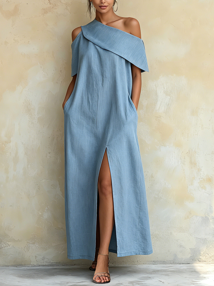 Morgan & Brooke | Light Blue Asymmetrical One-Shoulder Tencel Denim Dress