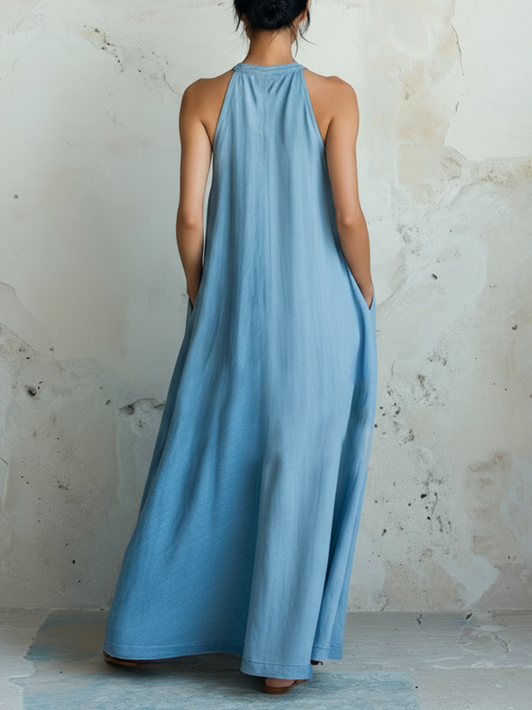 Morgan & Brooke | Light Blue & Pink Colorblock Halter Tencel Denim Dress