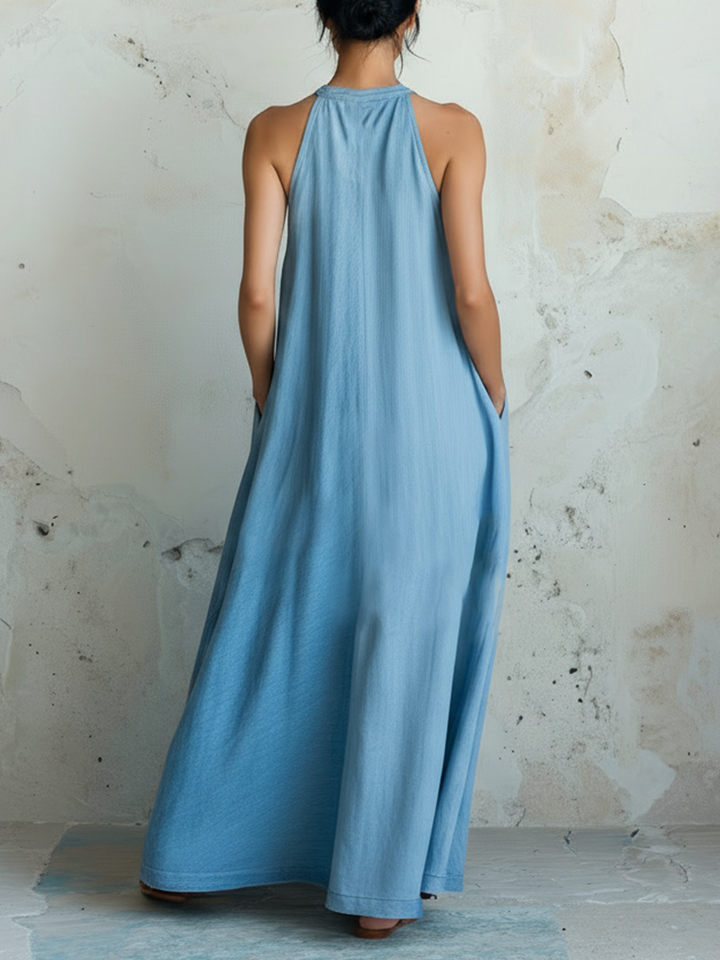 Morgan & Brooke | Light Blue & Pink Colorblock Halter Tencel Denim Dress