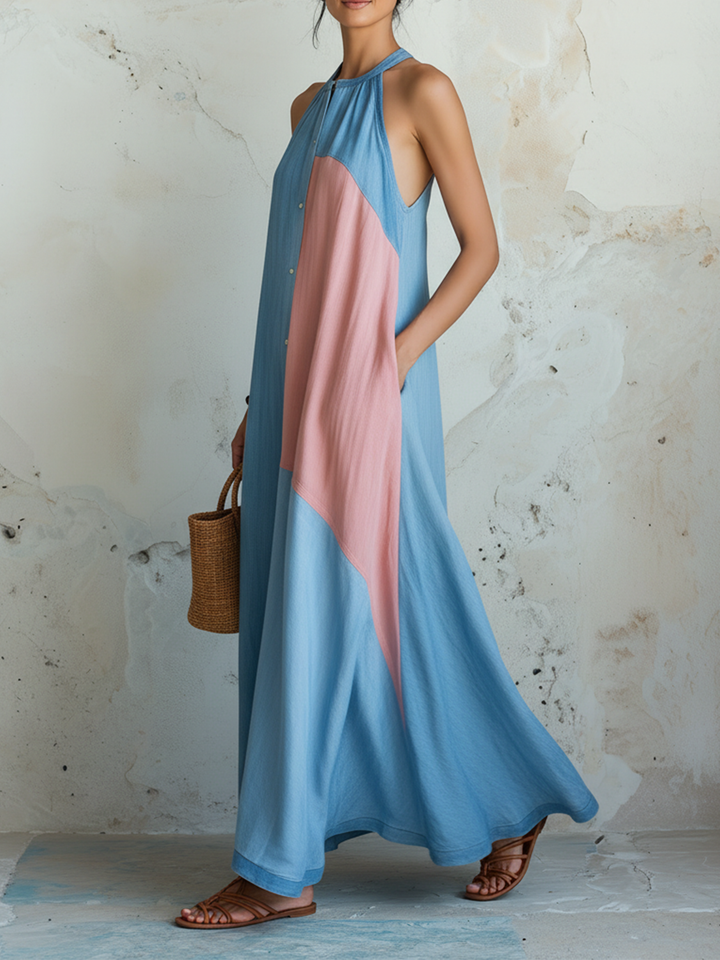 Morgan & Brooke | Light Blue & Pink Colorblock Halter Tencel Denim Dress