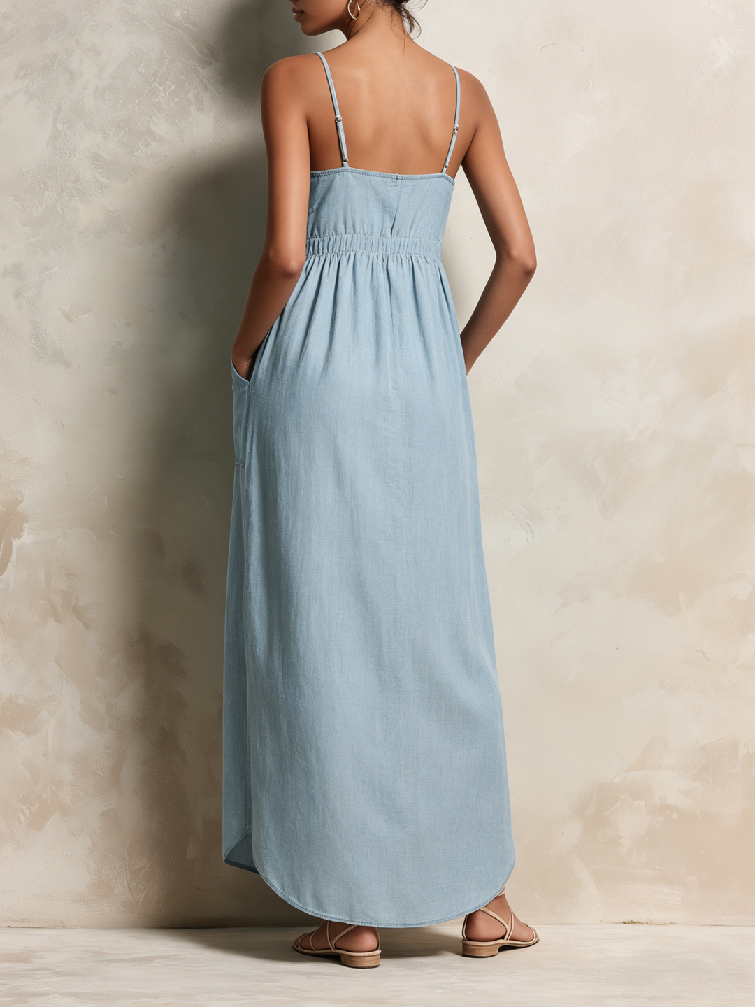 Morgan & Brooke | Light Blue Spaghetti-Strap Pocketed Tencel Denim Maxi Dress