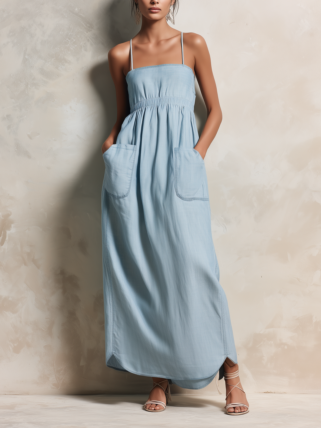 Morgan & Brooke | Light Blue Spaghetti-Strap Pocketed Tencel Denim Maxi Dress