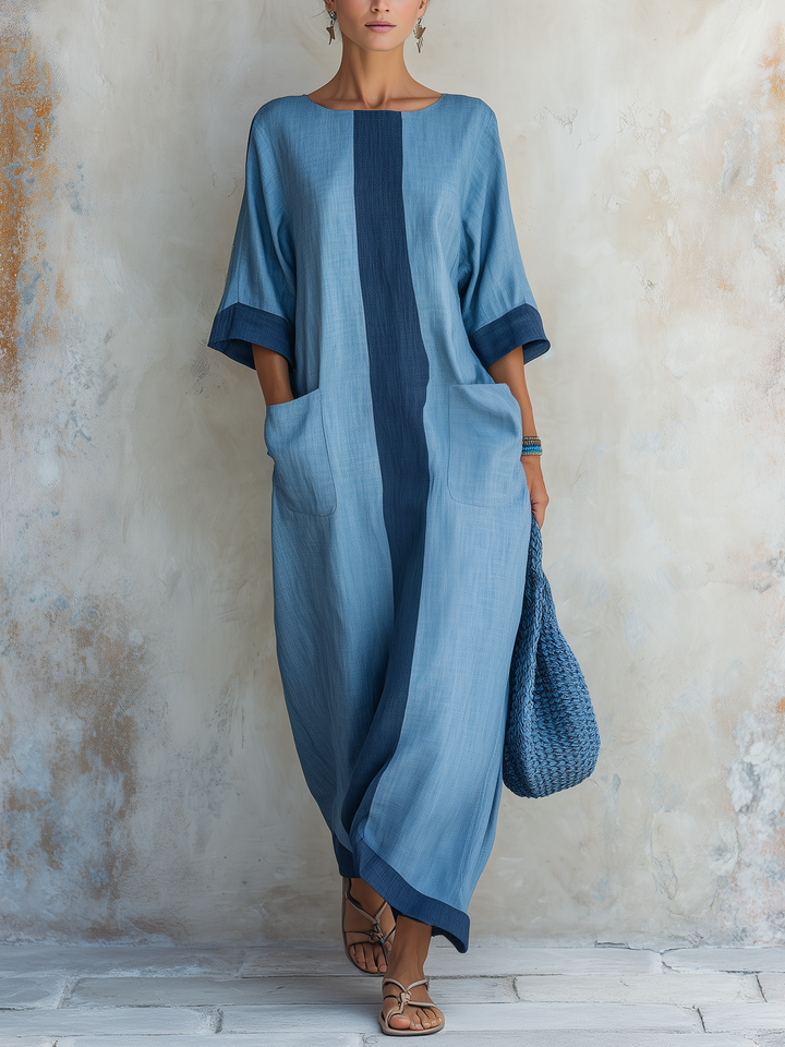 Morgan & Brooke | Light Blue Colorblock Oversized Tencel Denim Maxi Dress