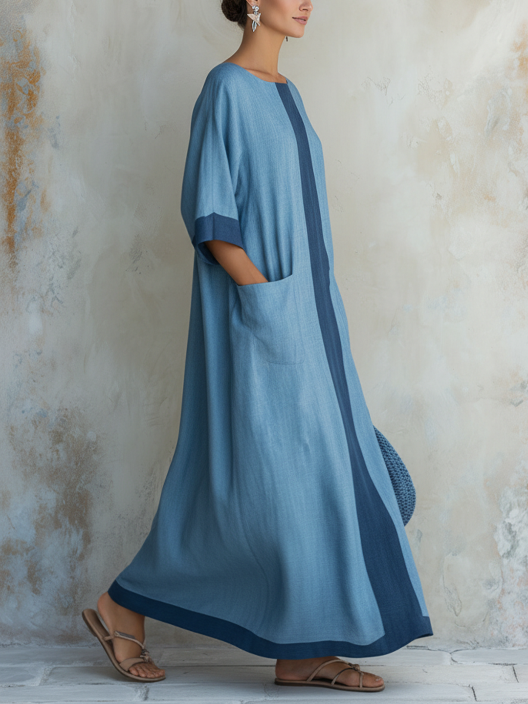 Morgan & Brooke | Light Blue Colorblock Oversized Tencel Denim Maxi Dress