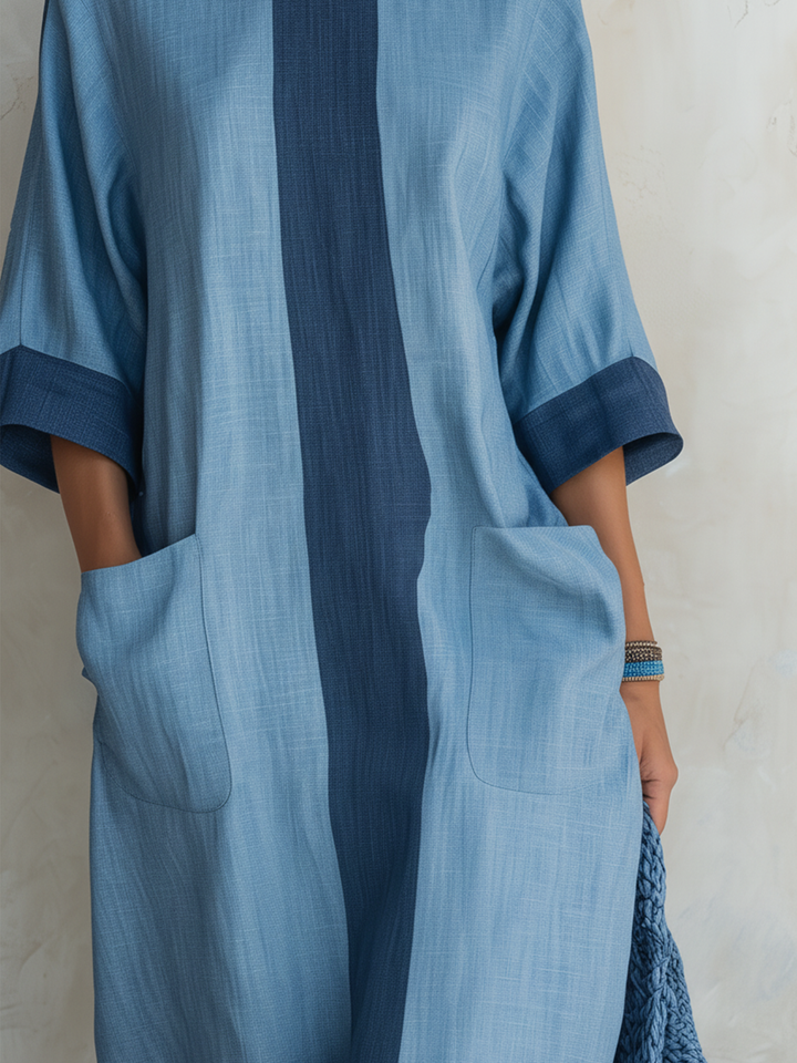 Morgan & Brooke | Light Blue Colorblock Oversized Tencel Denim Maxi Dress