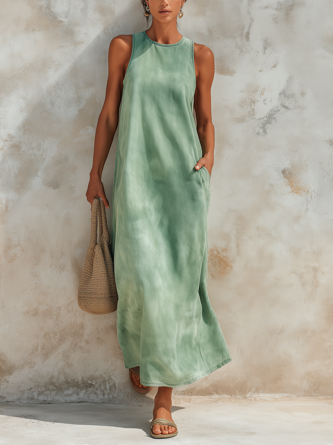 Morgan & Brooke | Washed Green Sleeveless Maxi Tencel Denim Dress