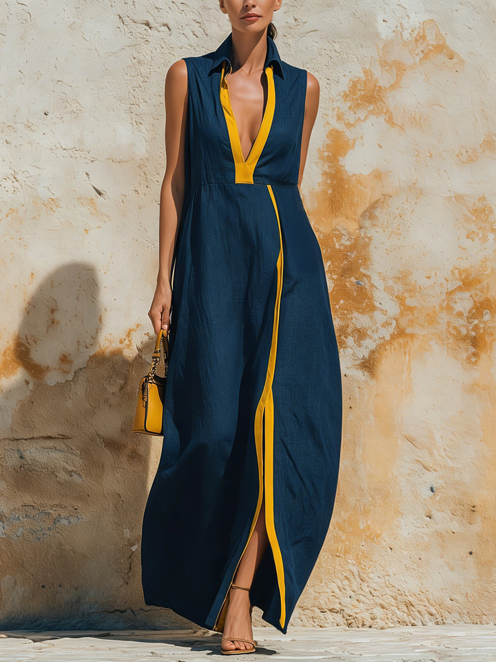 Morgan & Brooke | Navy Blue Contrast-Trim Sleeveless Tencel Denim Maxi Dress