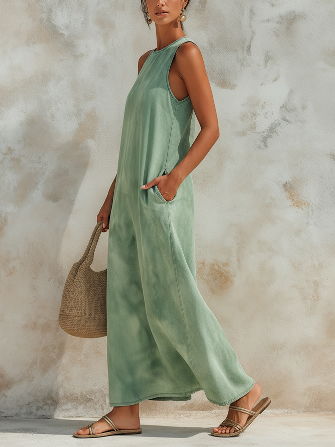 Morgan & Brooke | Washed Green Sleeveless Maxi Tencel Denim Dress