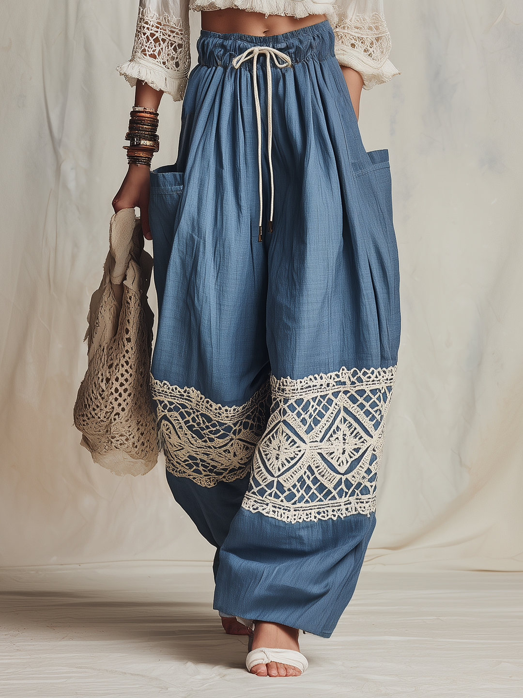 Morgan & Brooke | Blue Harem Cut, Crochet Lace Trim Linen Pants