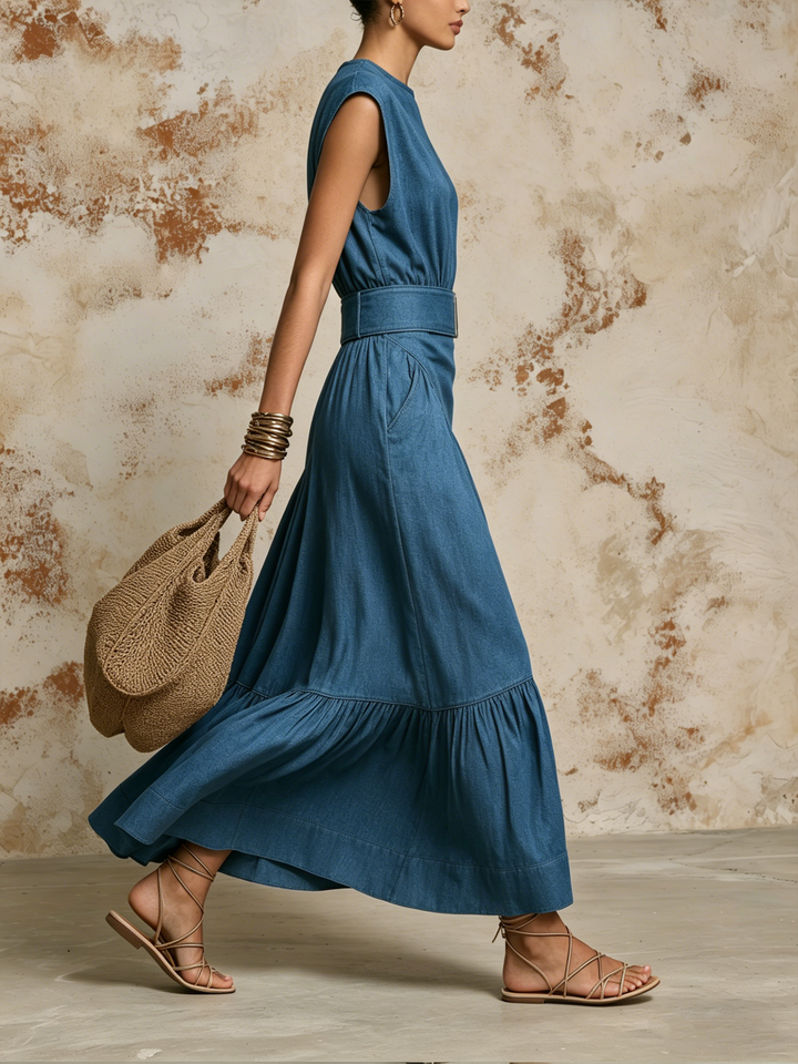 Morgan & Brooke | Blue Belted Maxi Tencel Denim Dress