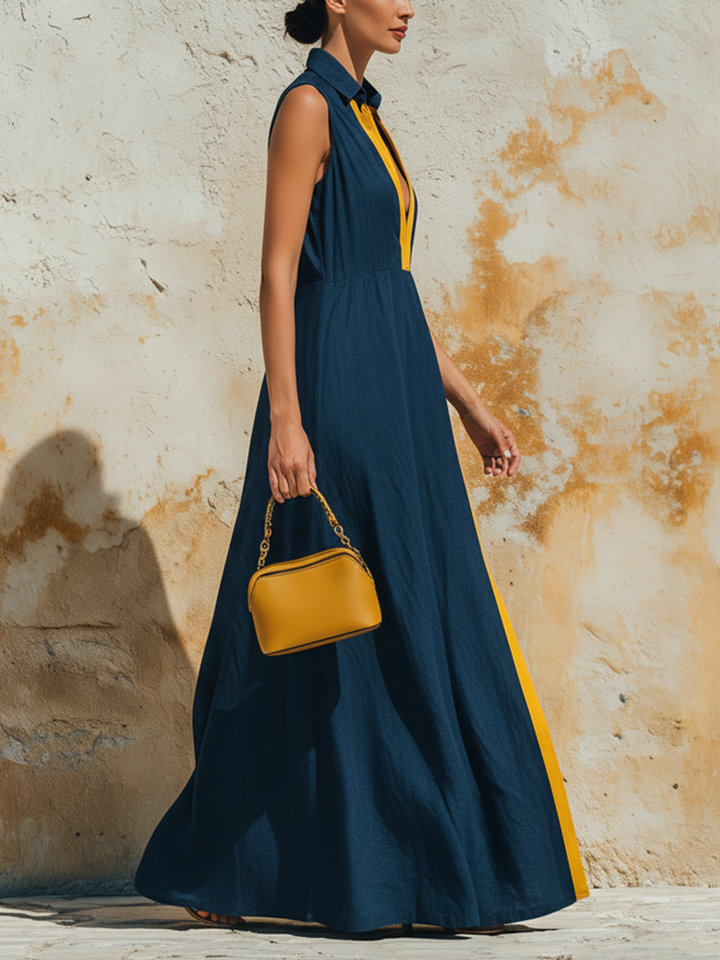 Morgan & Brooke | Navy Blue Contrast-Trim Sleeveless Tencel Denim Maxi Dress