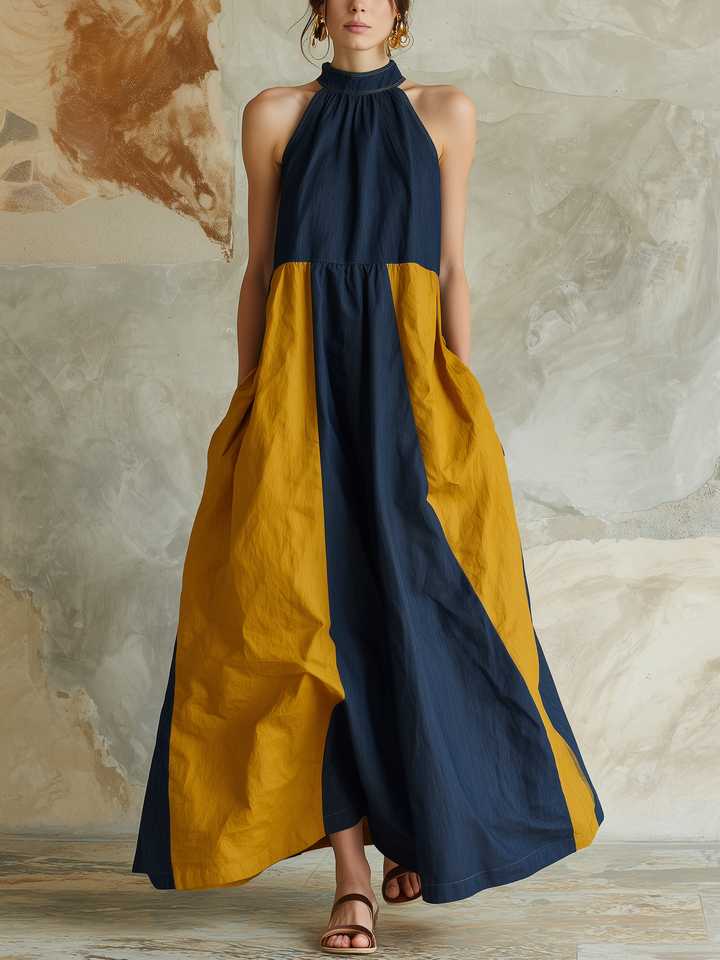 Morgan & Brooke | Indigo Color-Block Halter Neck Denim Maxi Dress