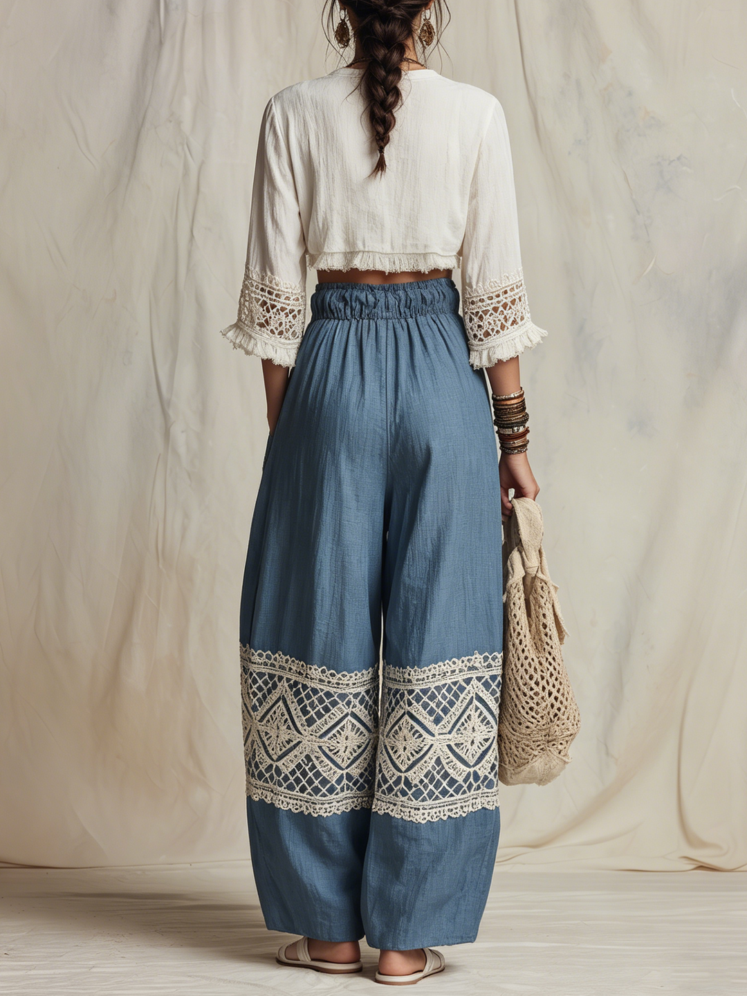 Morgan & Brooke | Blue Harem Cut, Crochet Lace Trim Linen Pants