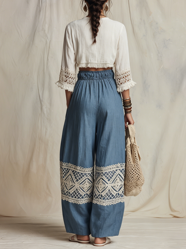 Morgan & Brooke | Blue Harem Cut, Crochet Lace Trim Linen Pants