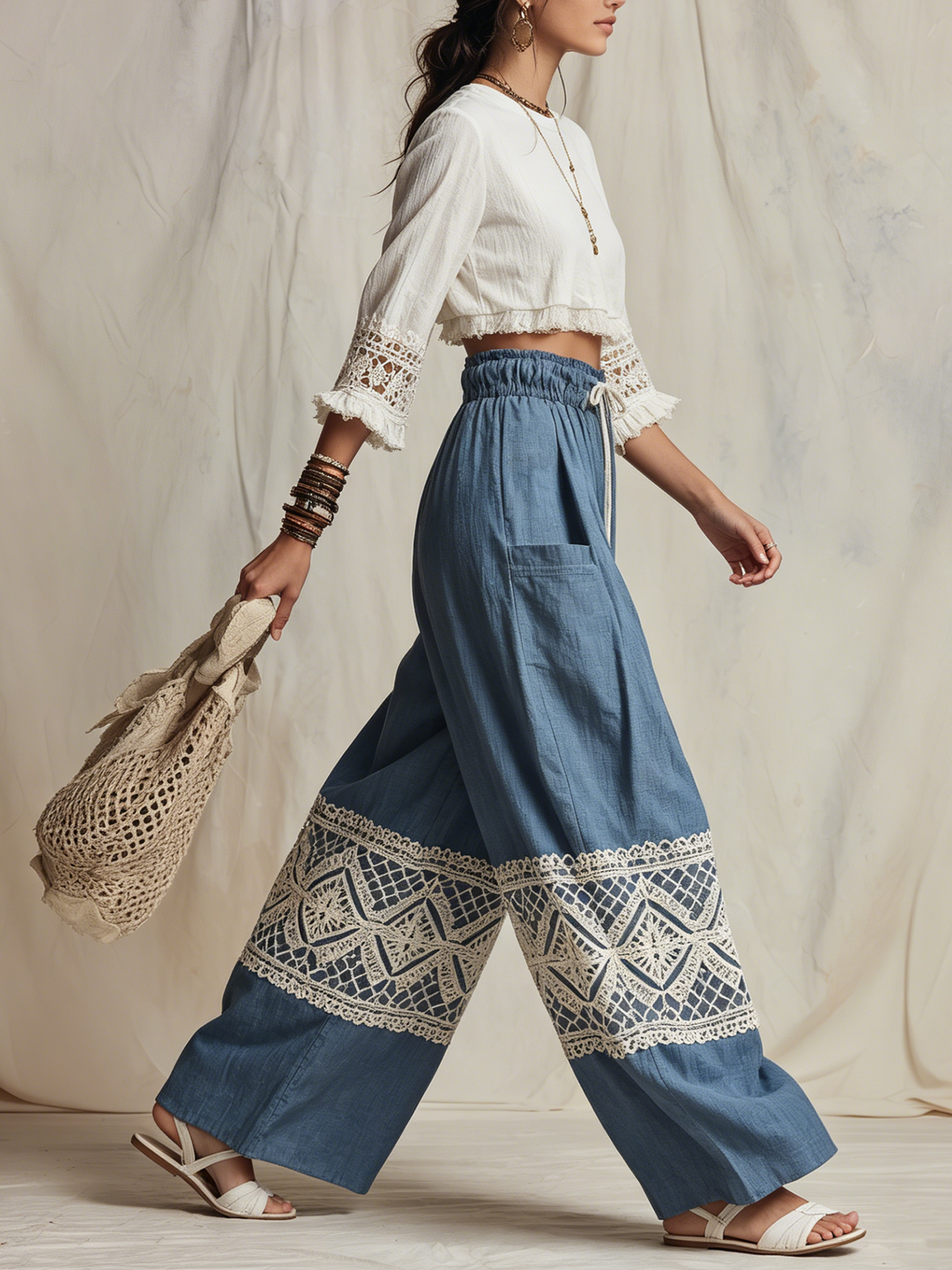 Morgan & Brooke | Blue Harem Cut, Crochet Lace Trim Linen Pants