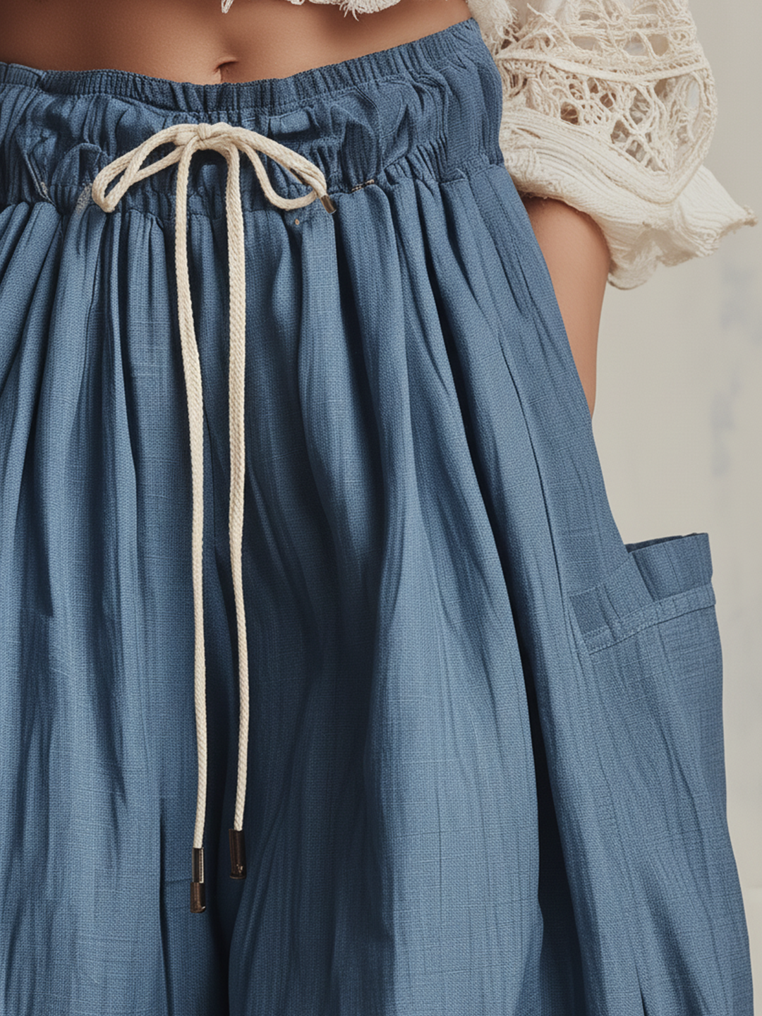 Morgan & Brooke | Blue Harem Cut, Crochet Lace Trim Linen Pants