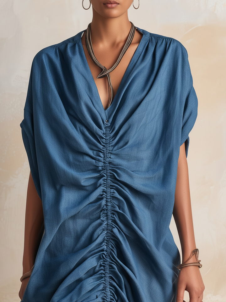 Morgan & Brooke | Ocean Blue Ruched Front Tencel Denim Maxi Dress